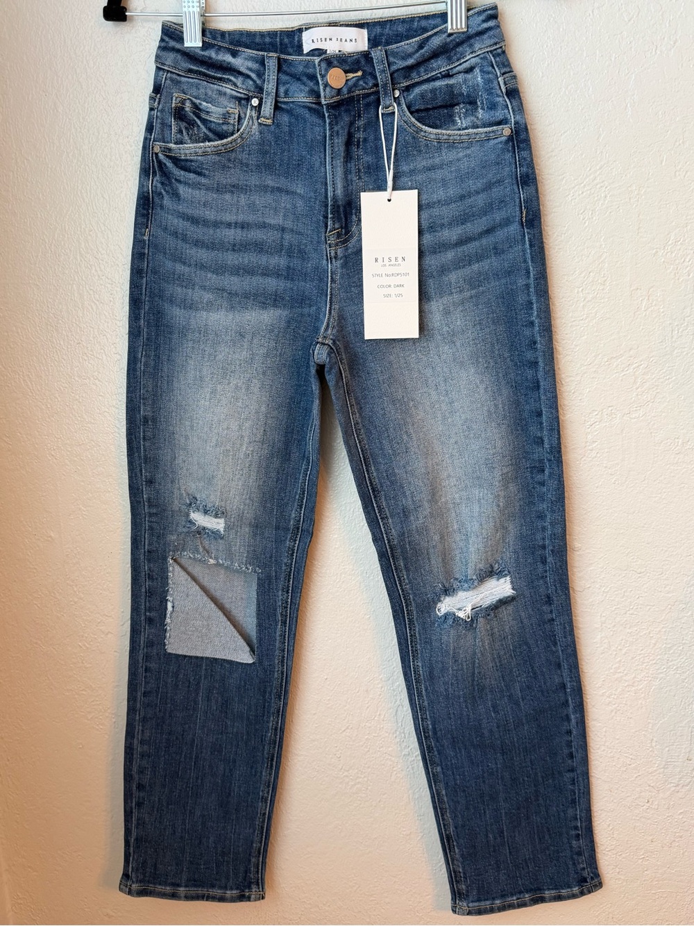 141~ NWT Risen Medium Blue Boot Cut Women's Jeans with Distressed Knee SZ 25